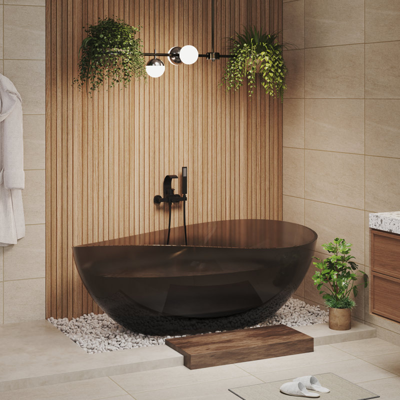 Marfa 63'' x 37'' Oval Wave Semi Transparent Resin Freestanding Soaking Bathtub, Black