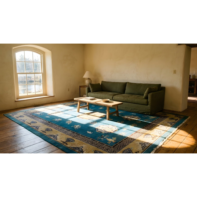 Blue Antique Bird of Paradise Chinese Dragons Design Peking Rug