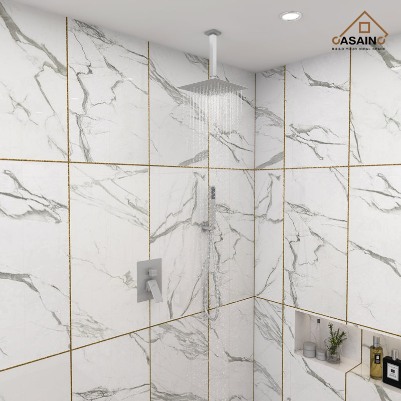 Brushed Nickel Dual Ceiling Mount Rain Shower System with Handheld