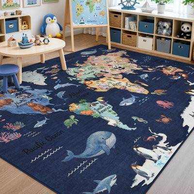 Tapis carte du monde pour enfants, tapis antidérapant lavable à la machine avec de la laine douce