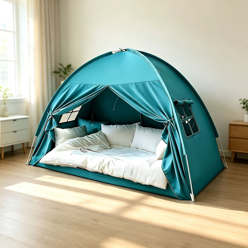 Tente de lit double bleue, tente de couchage intérieure respirante et sensorielle, tente occultante pour espace privé pour enfants