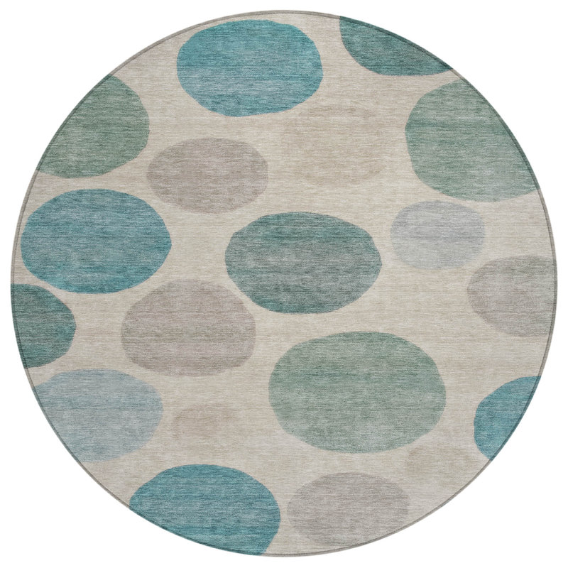 Tapis intérieur / extérieur rond lavable 8 pi bleu sarcelle ivoire et turquoise