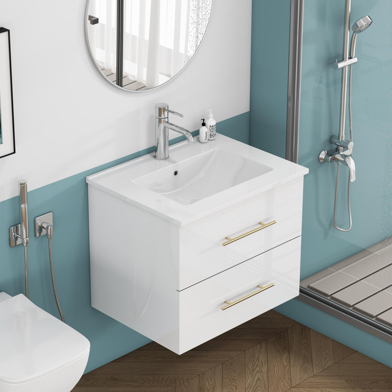Ensemble de meuble-lavabo mural 24 po avec lavabo, deux tiroirs, lavabo en céramique, assemblage facile, poignée longue en métal doré, 2 tiroirs de rangement, blanc brillant