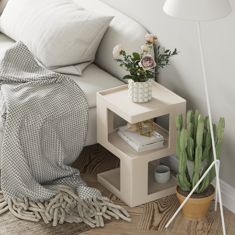 Farmhouse Geometric Wood End Table With 3-Layer Cube Design, White