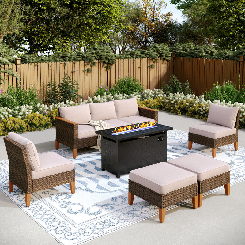 Phenice 7 - Person Wicker Outdoor Patio Furniture Set, Sectional Patio Set with Fire Pit Table
