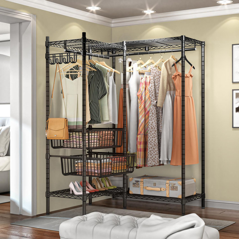 Black L-Shaped Metal Garment Rack with Slide Baskets and Shelves