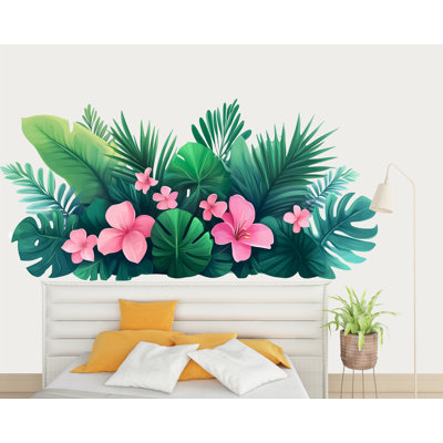 Tropical Wall Decal Pink Hibiscus Leaf Wall Sticker Large Jungle Floral Mural Removable Bedroom Decor, 060Gm