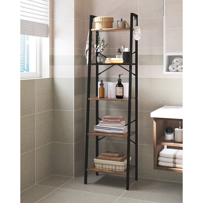 Ladder Shelf, Bookshelf Bookcase, Freestanding Corner Storage Shelve with 2 Hooks for Home Office, Living Room, Kitchen, Bedroom, Industrial, 11.8" D x 17.3" W x 63" H, Rustic Brown