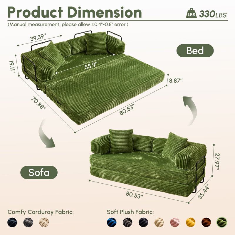 Canapé-lit escamotable convertible avec 2 oreillers Boneless, Plush Green
