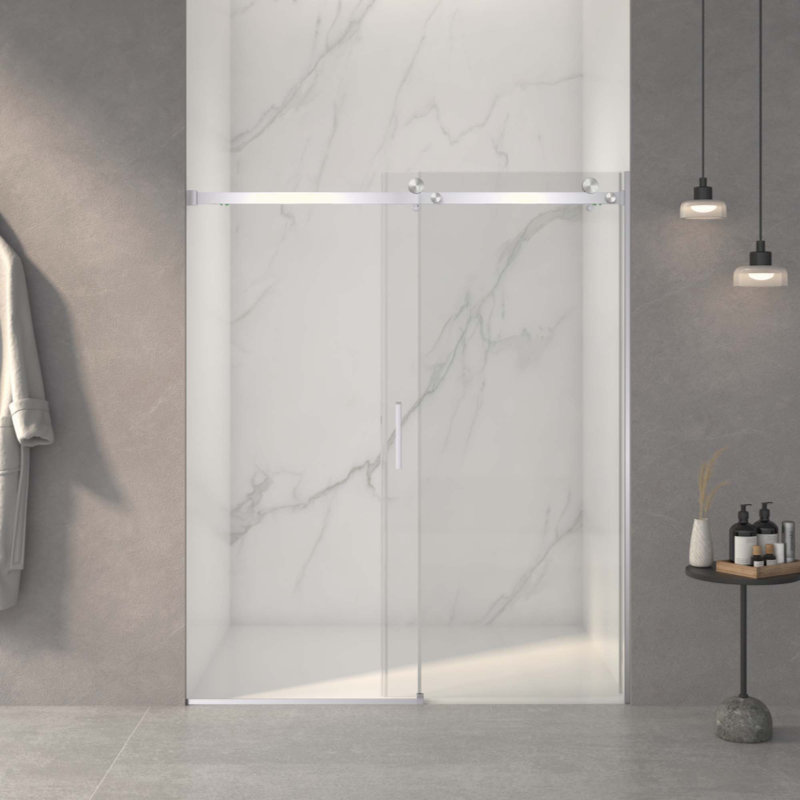 Frameless Sliding Shower Door,5/16" (8Mm) Thick SGCC Tempered Clear Glass,Double Side Easy Clean Coat, Brushed Nickel