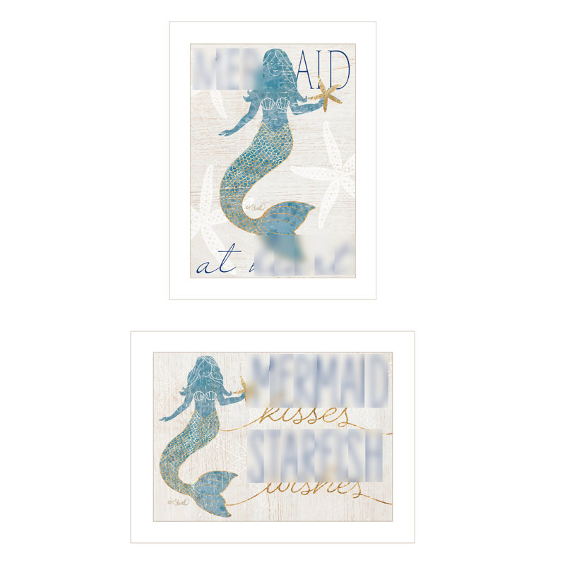 «Two Mermaids» 2 By. Prêt à accrocher, art encadré. Papier multicolore pour mur, 35 po x 1 po x 19 po, 6 lb, cadre blanc, reproduction d'art décoratif mural.