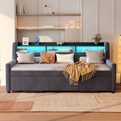 Twin Size Daybed With Trundle, Upholstery Daybed With LED Light ＆ Charging Station, Velvet Day Bed With Wood And Metal Frame