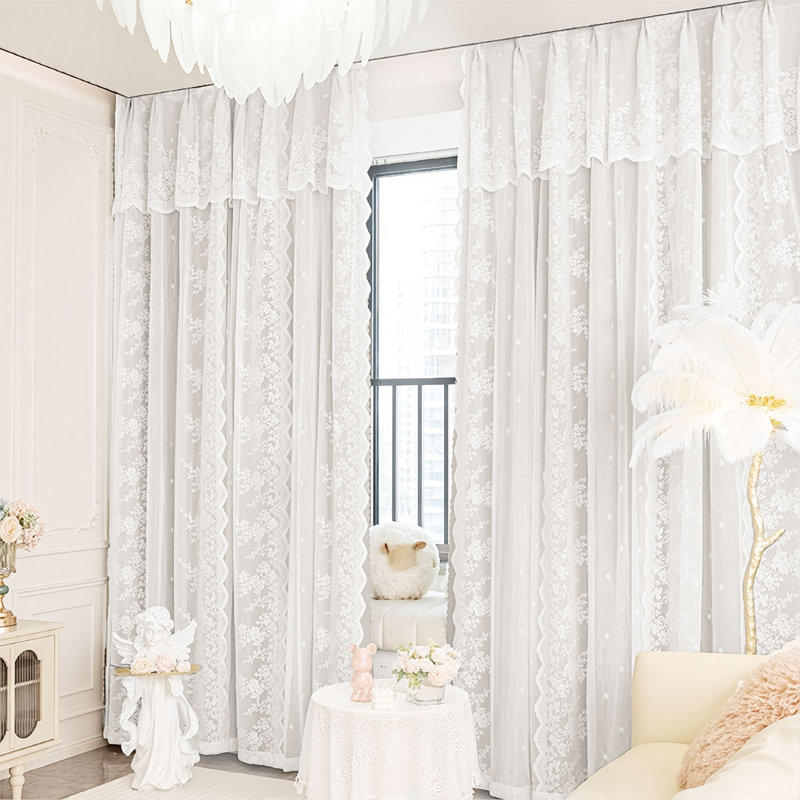 French Double Layer Curtains, Pinch Pleat Hook Style, 2 Panels, Lace Sheer with Velvet Drape Combo, 79"Wx102"L