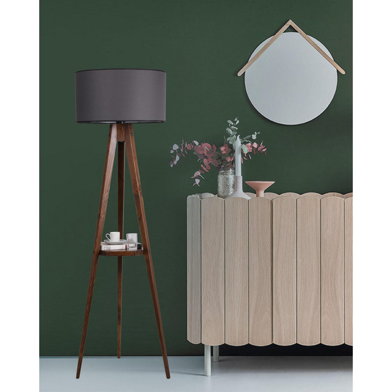 Luro Modern Floor Lamp with Wooden Body & Fabric Cap, Walnut & Grey Finish, 69.3 x 19.3 x 4.3 inches | Includes 10.2 x 10.2 inches Wooden Shelf | On/Off Switch on Cable, E27 Socket, Stylish Lighting for Home Decor