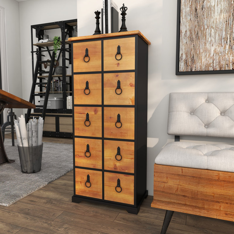 Commode haute 10 tiroirs en bois avec poignées boulonnées