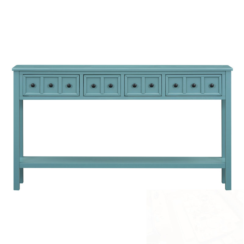 Ashay Rustic Console Table with two Different Size Drawers and Bottom Shelf, Turquoise