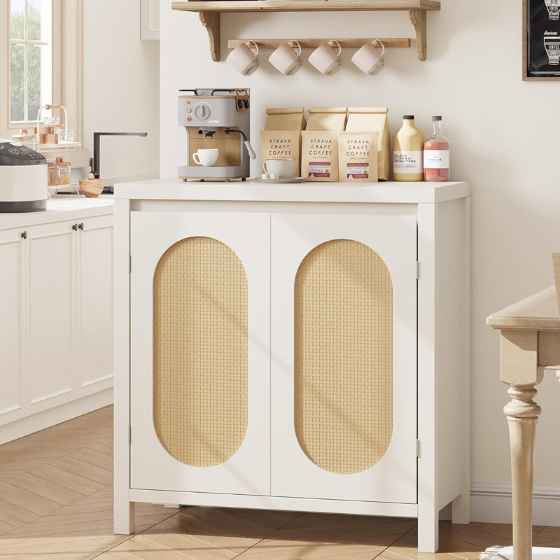 Rattan Storage Cabinet, Wooden Sideboard Buffet Cabinet With Doors And Shelves, White