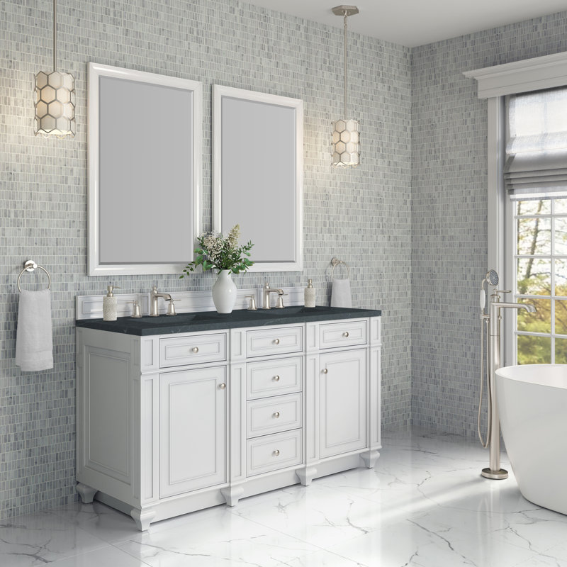 Bristol 60'' W Double Vanity, Bright White, Charcoal Soapstone, 8" Widespread