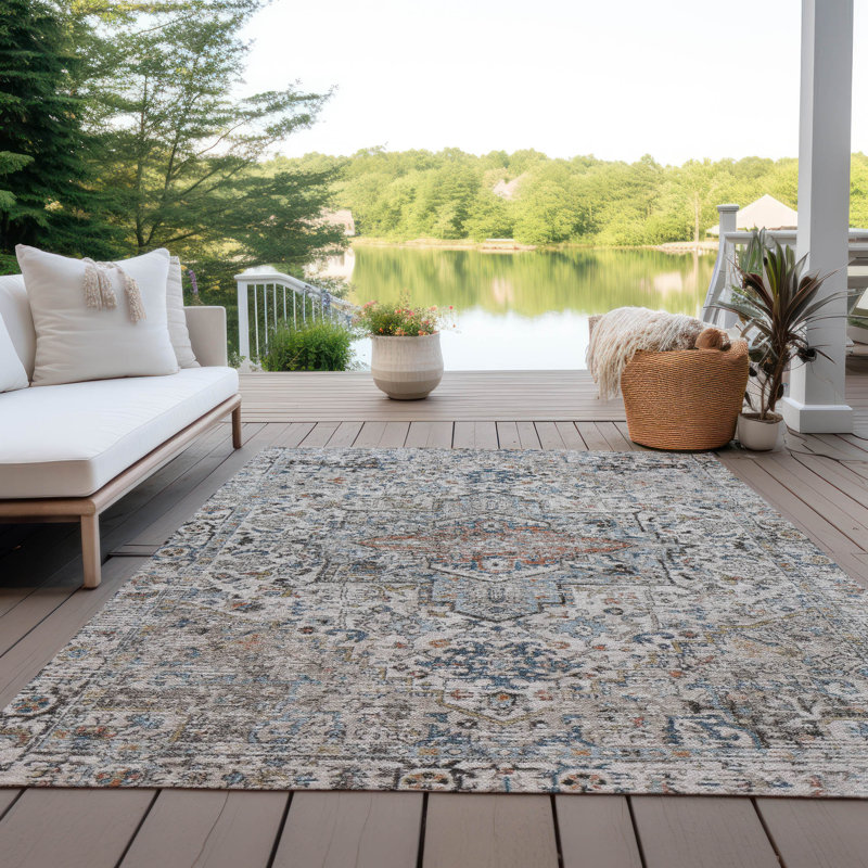 Machine Washable Indoor/Outdoor Xhevrie Ivory Rug, Rectangle 8' x 10'