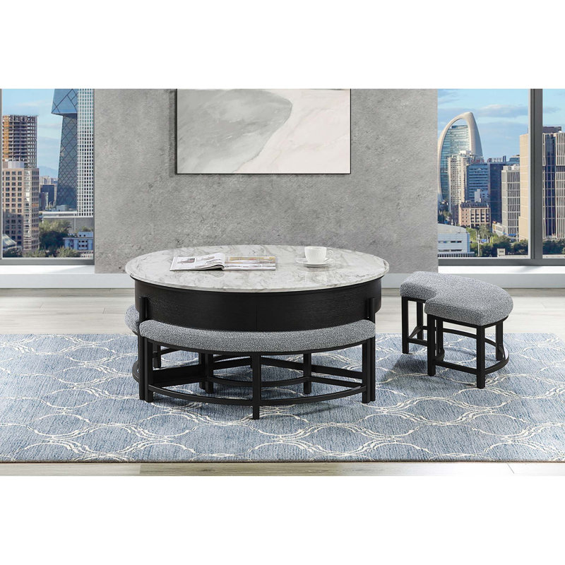 Table basse contemporaine avec rangement relevable et tabourets inclus, Gris ; noir
