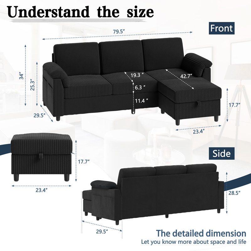 79" Upholstered L-Shaped Sofa with Ottoman , Black