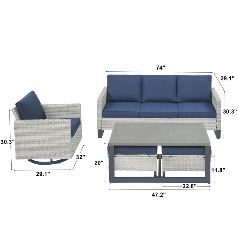 Ingvald Wicker 5 - Person Patio Conversation Set with Cushions, Dark Blue