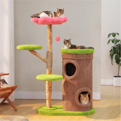 Arbre à chat brun avec tronc d'arbre, hauteur de 53,5 pouces avec perchoir amovible à fleur rose, tour de chat à 4 niveaux avec 2 condos et boules suspendues, mobilier de style jungle