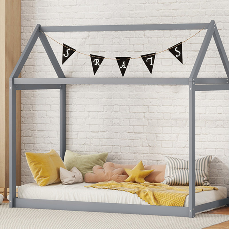 Lit maison en bois, gris