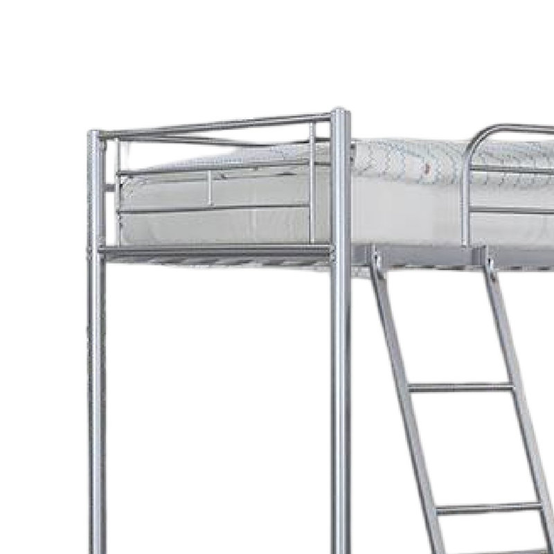 Lit mezzanine simple Mylz, structure en métal avec échelle inclinée attachée, Argent