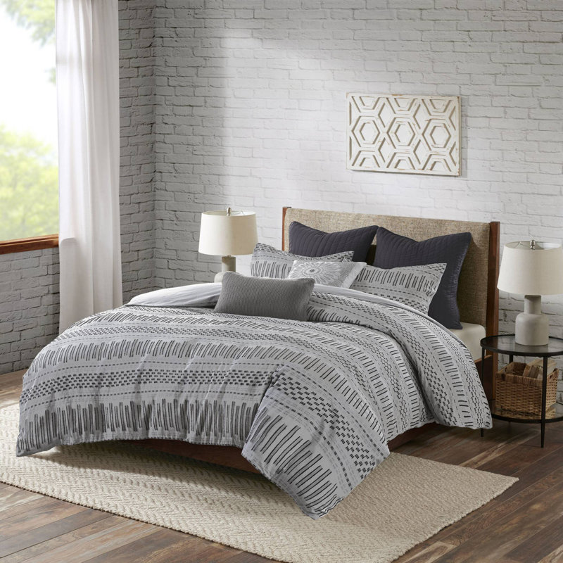 Mini ensemble d'édredon en coton jacquard INK + IVY Rhea, Gris / noir, Édredon double / grand + 2 taies décoratives sta