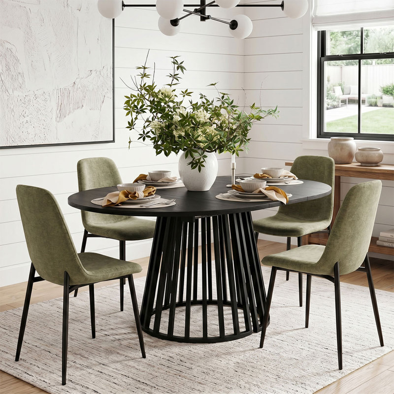 4- Person Dining Table Sets With Extendabe Oval Table & 4 Upholstered Chenille Dining Chairs, Green