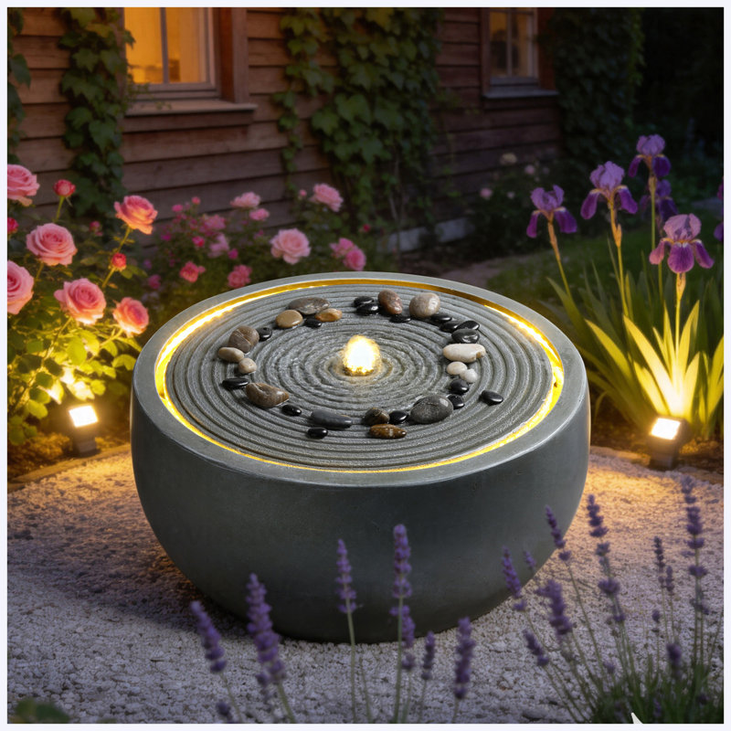 Outdoor Water Fountain Modern Round Bowl Ripple Design Resin Garden Water Feature For Patio Porch Yard, Blue Gray
