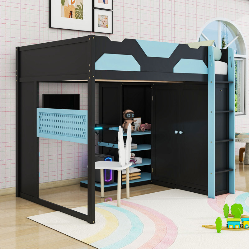 Full Size Loft Bed With RGB LED Light Strip, USB Charging Station And Adjustable Desk, Cloud Blue