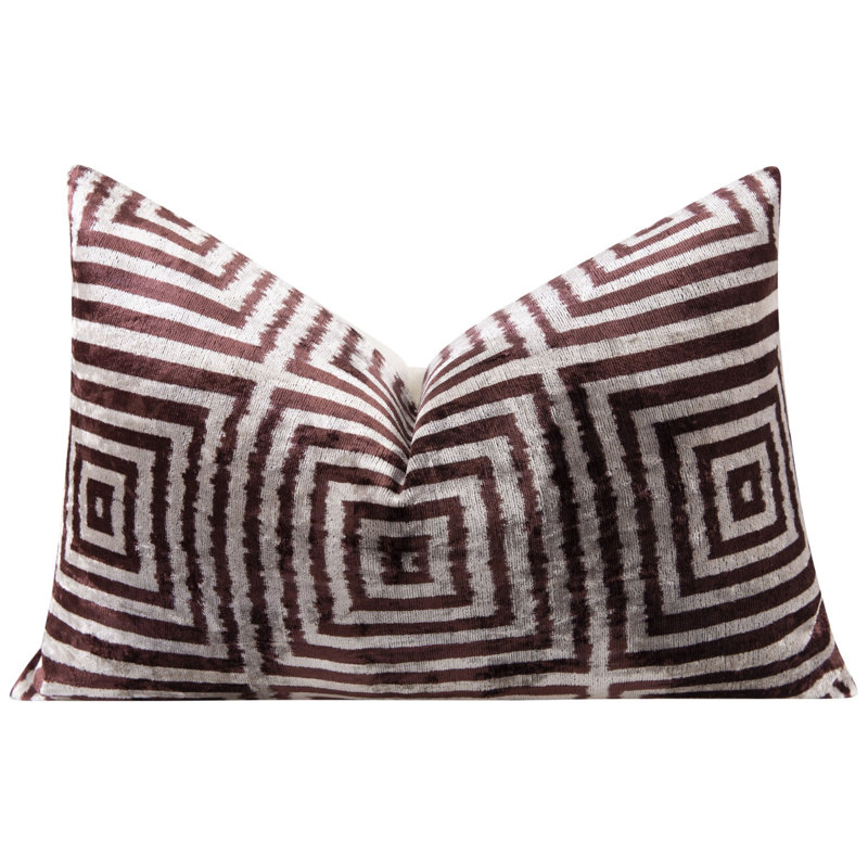 Coussin décoratif en velours fait à la main - 16 po x 24 po, teint naturellement végétal, avec duvet de plumes de qualité supérieure - motif géométrique carré brun et beige, décoration de luxe