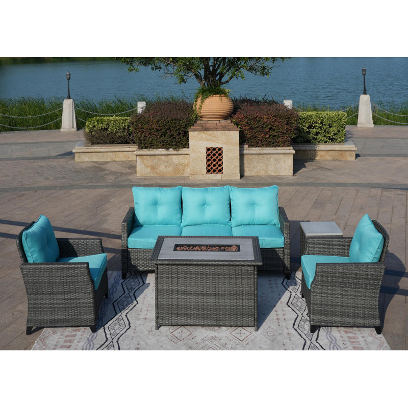 Ensemble de conversation en rotin pour 5 personnes avec coussins Wicker, P 26,77 po x L 39,76 po x H 25,59 po, Cyan