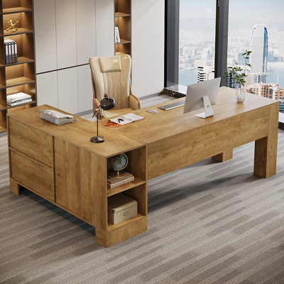 L Shaped Executive Desk with Storage Cabinets and 2-Tier Shelf