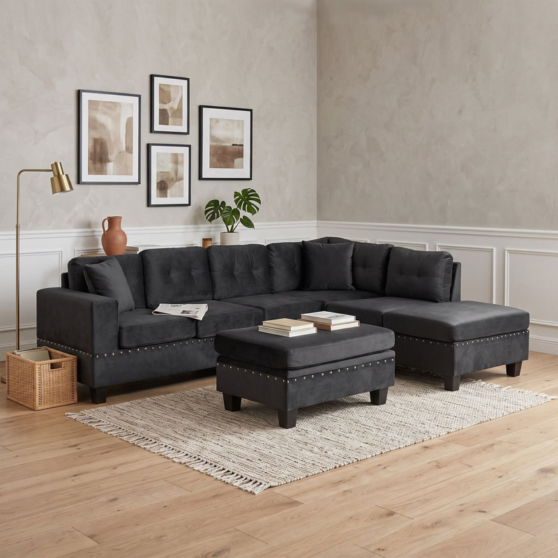 Ensemble de salon modulaire réversible avec repose-pieds et garniture de rivets et coussins à ressorts Modern, Noir