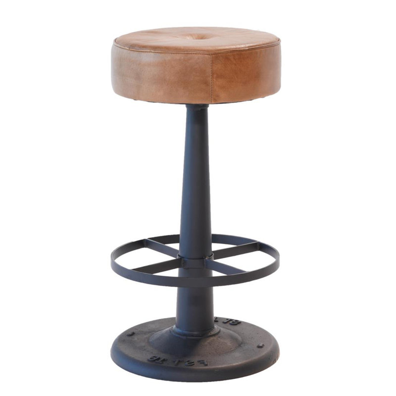 Tabouret de comptoir, cuir de chèvre brun, repose-pieds rond, piédestal en fer noir