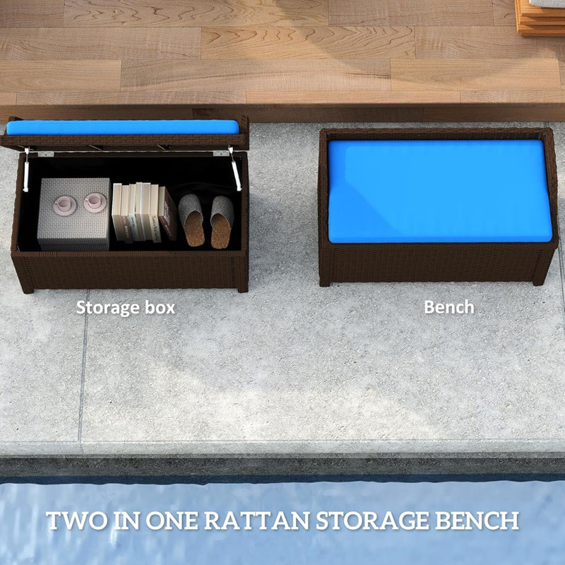 Outdoor Wicker Storage Bench Deck Box, PE Rattan Patio Furniture Pool Storage Bin Container With Interior Waterproof Cloth Bag And Comfortable Cushion, Navy Blue
