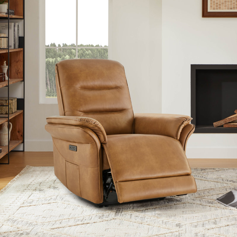 Fauteuil inclinable électrique à double moteur en cuir végétalien avec appui-tête électrique, Brun selle