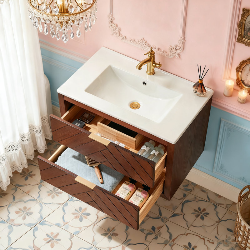 Ensemble de meuble-lavabo simple 30 po avec lavabo en céramique, ensemble mural et flottant, Noyer