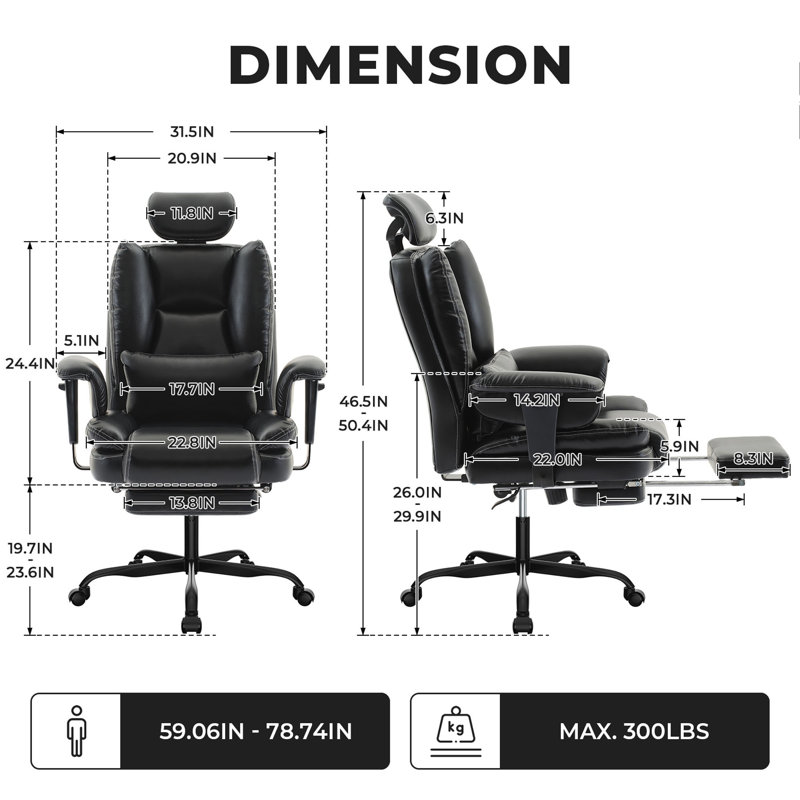 Chaise de bureau ergonomique en similicuir de 200 kg avec support lombaire et dossier haut; Fauteuil de bureau ergonomique avec appui-tête relevable Noir