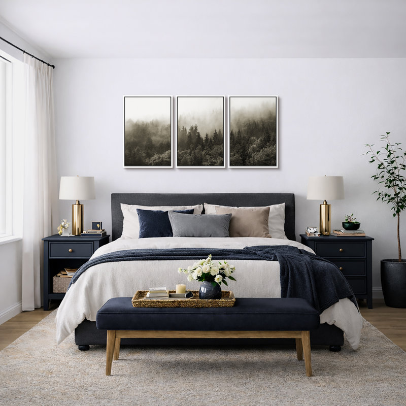 Misty Forest Landscape "Nature Pine Tree Artwork, Modern Woodland Nursery Wall Decor, Large Framed Canvas Giclee Print 3 Pieces Wall Art Set"  16x24x3 pcs, 24x36x3 pcs 