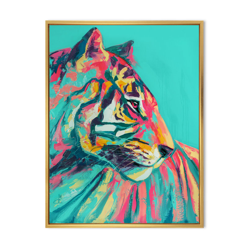 Pop Art turquoise et tigre rose - décoration murale moderne en toile, H 40 po x l 30 po x P 1,5 po
