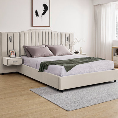 Cocoon King Size Upholstered Bed Frame with Velvet Headboard, Vertical Stripe & Button Design, Integrated Bedside Table & Adjustable Lamps, Modern Platform Bed - No Box Spring Needed