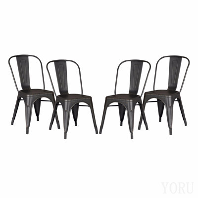 Ensemble de 4 chaises de salle à manger empilables en métal, chaises de salle à manger à dossier à lattes industrielles modernes, support robuste en croix, chaise sans accoudoir portable légère pour la cuisine, la salle à manger, le bar, noir vieilli