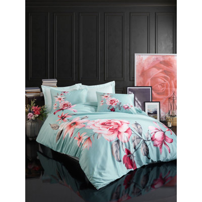 Luxury Single Quilt Cover Set, Turquoise & Red, 63 x 87 Duvet Cover, 63 x 94 Flat Sheet, 20 x 27 Pillowcases (2 Pieces) | 100% Polyester Microsatin & Cotton, Zipper Closure, Machine Washable, Elegant 3D Print Design