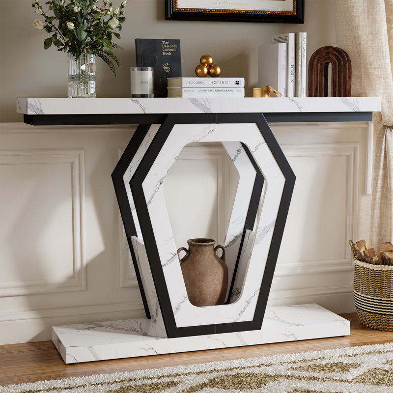 47.3" Console Table,openwork Bracket Sofa Table, Wood Narrow Entryway Table For Hallway, Behind The Couch, Living Room, Foyer, Easy Assembly（white Marble Texture）
