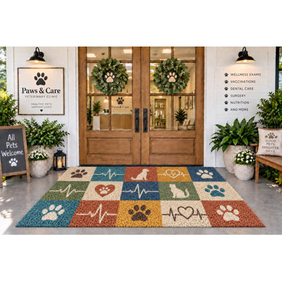 5' x 7' Outdoor Area Rug, Paw Prints Pet Silhouettes Hearts and Heartbeat Design, Waterproof PVC Coil Loop Carpet, Heavy Duty Quick Dry Mat, for Porch, Deck, Balcony, Pet Clinic