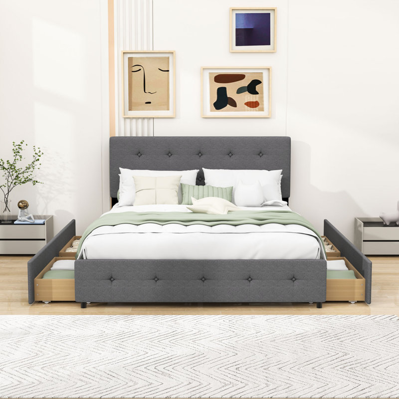 Grand lit plateforme tapissier 4 tiroirs avec tête de lit capitonnée, Gris foncé